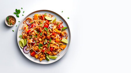 A plate of Vegan Pad Thai on white background with copy space. Flat lay. Minimalist. Vegan food concept.の素材