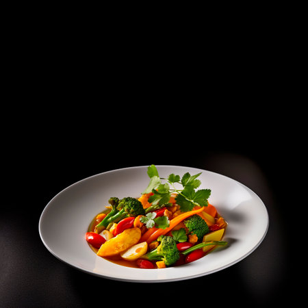 A plate of vegetables on black background with copy space. Minimalist. Vegan food concept.の素材