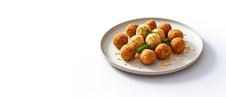 A plate of falafel balls on white background with copy space. Minimalist. Vegan food concept.の素材