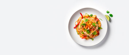 A plate of Vegan Pad Thai on white background with copy space. Flat lay. Minimalist. Vegan food concept.の素材