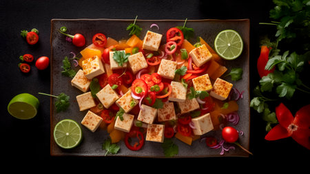 Top view of a plate of tofu ceviche on black background. Vegan food concept.の素材