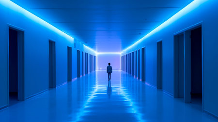 Silhouette of a man in a corridor with blue neon lights.の素材