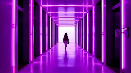 Woman walking in a futuristic corridor with purple neon lights.の素材
