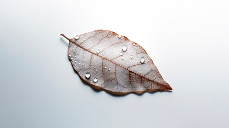 Dry leaf with water droplets on a white background. Minimalist composition.の素材