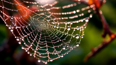 Close-up of a spider's web intricately woven between branches on forest.の素材
