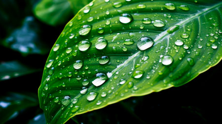 Closeup of a raindrop on green leaf. Nature background.の素材