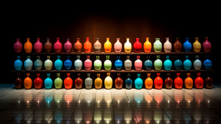 Colorful ceramic bottles on a shelf in a row on a dark background.の素材