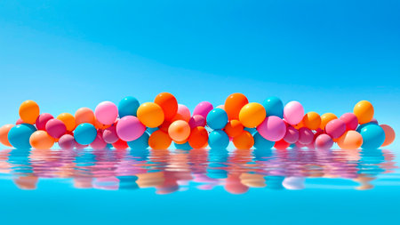 Colorful balloons floating on the water with reflection in blue sky background.の素材