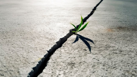 Green sprout growing through crack in a concrete sidewalk. Conceptual image.の素材
