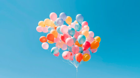 Colorful balloons on the blue sky background. Happy Birthday Card.の素材