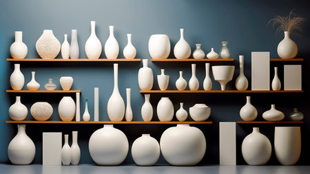 Ceramic vases on a shelf in minimalist composition.の素材