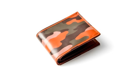A military camouflage leather wallet isolated on white background. Mockup.の素材