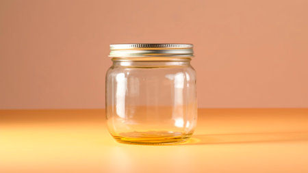 Empty glass mason jar on orange background with copy space for text. Mockup.の素材