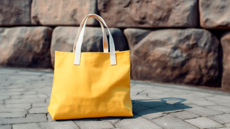Yellow cotton tote bag on stone floor. Eco-friendly lifestyle concept.の素材