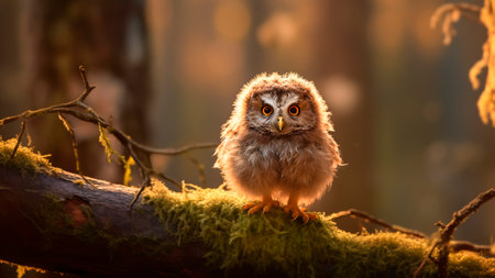 Little baby owl sitting on a tree branch in the forest at sunset.の素材