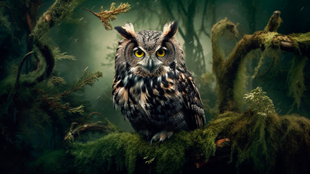 Beautiful owl sitting on a branch in a dark forest.の素材