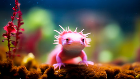 Pink salamander swimming in the aquarium. Underwater life.の素材