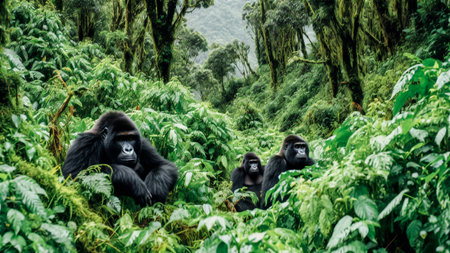 A Mountain Gorilla family in the rainforest.の素材