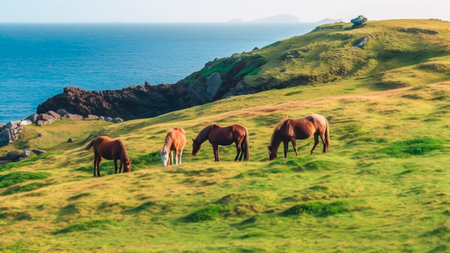 Wild Horses grazing on the coast of an island.の素材
