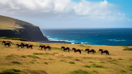 Wild Horses run free on the coast of an island.の素材