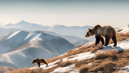 Grizzly bear and cub in the winter mountains.の素材