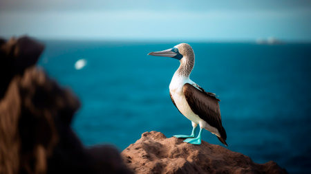 A beautiful Blue footed booby (Sula nebouxii) stands on a rock.の素材
