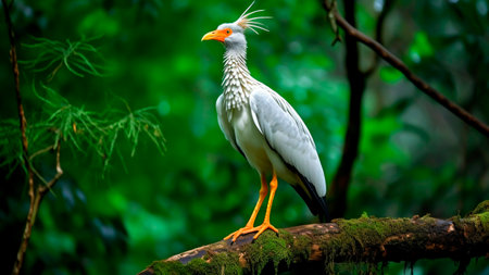 A secretarybird standing on a branch in the rainforest.の素材