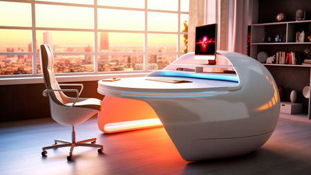 Modern office interior. Workplace with computer and chair with futuristic design.の素材