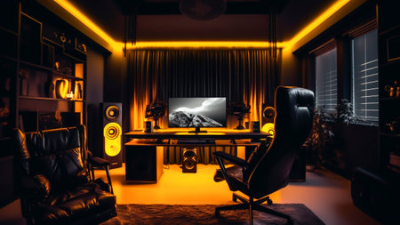 Interior of a room with computer, black leather armchairs and yellow LEDS.の素材