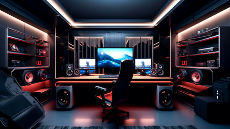 An interior of home with a modern music studio with a lot of speakers.の素材