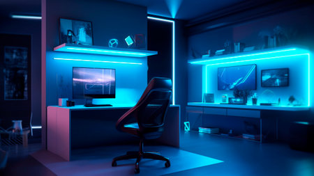 Interior of a modern office with blue neon lights.の素材