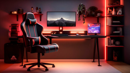 Interior of modern gaming room and home office with black armchair gamer and computer.の素材