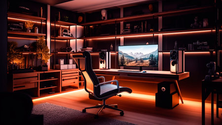 Interior of a modern home office with wooden furniture with red LEDS lights.の素材