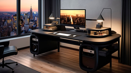 A home office with a large window overlooking the city.の素材