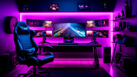 Professional gaming room with computer, chair and neon lights.の素材