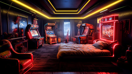 A dark bedroom that embodies the essence of a retro arcade haven.の素材