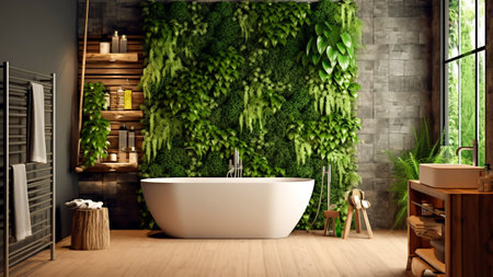 Bathroom interior with green plants. Biophilic design.の素材