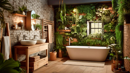 Interior of modern bathroom with green plants. Biophilic design.の素材