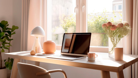 Laptop, coffee cup and table lamp on table in home officeの素材