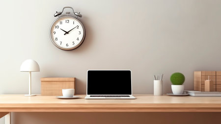 Modern workspace with laptop and coffee cup on wooden table.の素材