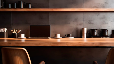 A wooden table with laptop, coffee cup and other items in modern office.の素材