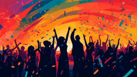 Dancing people silhouettes at a music festival. Illustration.の素材