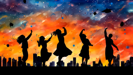 Silhouettes of graduates celebrating graduation day on sunset sky background. Illustration.の素材