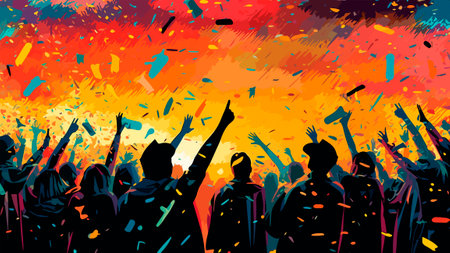 Silhouettes of people dancing at a music festival. Illustration.の素材