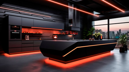 A modern kitchen interior with orange neon lights.の素材