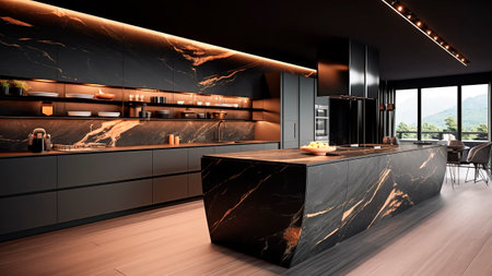 A luxury kitchen and dining room with black marble countertop.の素材