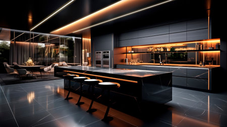 A modern kitchen and dining room at night time.の素材