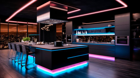A modern kitchen interior design with neon lights with night city view.の素材