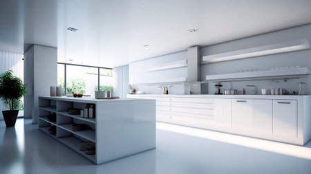Interior of a white modern kitchen in a house with a minimalist designの素材