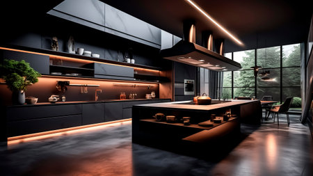 A black modern kitchen in Futuristic style.の素材